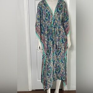 Boho paisley print maxi Kaftan/cover-up, tie-up front with Pom Pom trim.